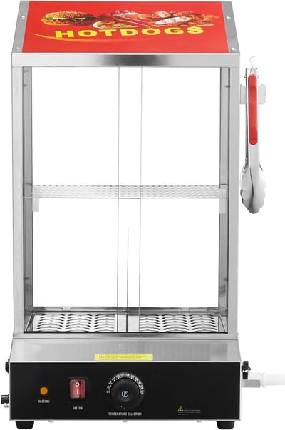 Hotdogstomer, 37 L, 2-Laags Hotdoghutstomer, Temperatuurregeling Van 30 °C Tot 85 °C, Elektrische Broodjeswarmer met Schuifdeuren Van Gehard Glas, Verdeeltang, Roestvrij Staal.