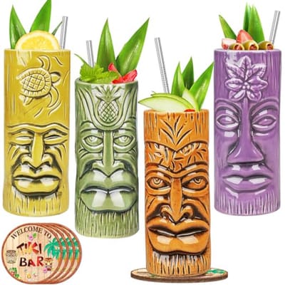 Set van 4 Exotische Tiki Mokken met Onderzetters en Rietjes - Perfect voor Cocktails zoals Mai Tai en Pina Colada