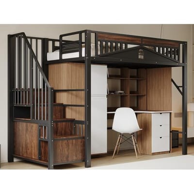 ModernLuxe Metalen hoogslaper 90x200cm - met opbergladder - Zwart (matras niet inbegrepen)