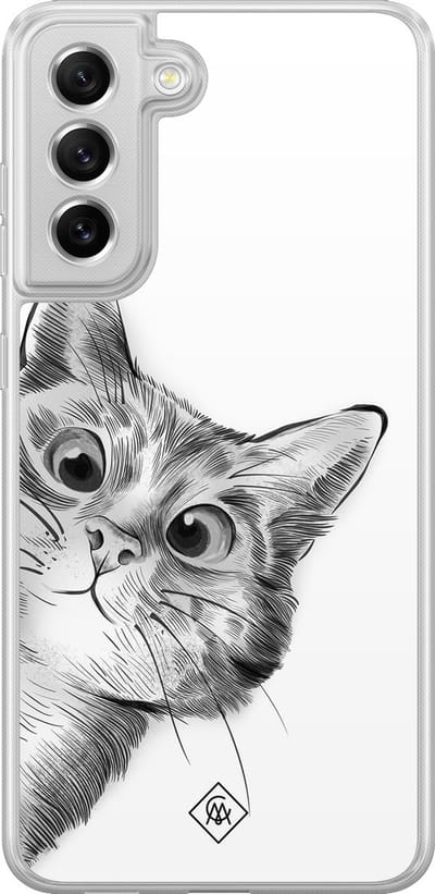 Casimoda® hoesje - Geschikt voor Samsung Galaxy S21 FE - Kat Kiekeboe - 2-in-1 case - Schokbestendig - Illustratie - Verhoogde randen - Wit, Transparant