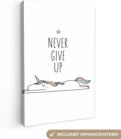 Kinderkamer decoratie - Eenhoorn - Quotes - Never give up - Quotes - Wanddecoratie meisjes - Canvas schilderij kinderen - Canvas doek kids - 20x30 cm