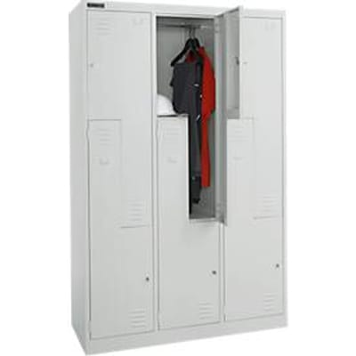 Garderobekast, 6 vakken met hoedenplank & kledingstang en 6 vakken, Z-deuren, cilinderslot, met sokkel, B 1200 x D 450 x H 1850 mm, gepoedercoat staal, lichtgrijs/lichtgrijs