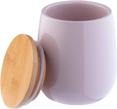 KADAX Cosmeticadoos, keramische opbergdoos, katoenen doos met deksel van bamboe, wattenschijfhouder, voorraaddoos, wattencontainer, universele doos voor badkamer, wattenschijfjes, rond (roze)