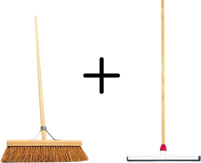 Synx Tools Coco Binnenbezem 40cm + Vloertrekker Kunststof 45cm met Steel 120cm - Zaalveger – Vloerreiniger – Natuurrubber – Zachte bezem kokos Met steel 150cm
