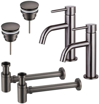 FugaFlow Eccelente Sobrado Badkamer Slim Wastafelkraanset - voor dubbele wastafel - lage wastafelkraan - klikwaste plug - verlaagde design sifon - PVD Gepolijst Gunmetal