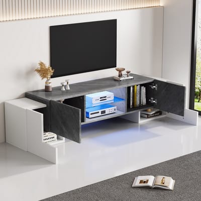 DESMIU Tv-Meubel - Met Bluetooth Led En 4 Deuren - Voor Woonkamer Met 60 Tot 70 Inch Televisie - MDF Wit En Grijs - 180x40x46,5 Cm