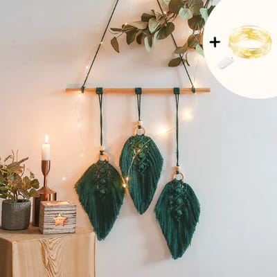ZoeZo Macramé wandhanger met verlichting Veren - Macramé dromenvanger - Wanddecoratie - Wandkleed - Muurdecoratie - Groen