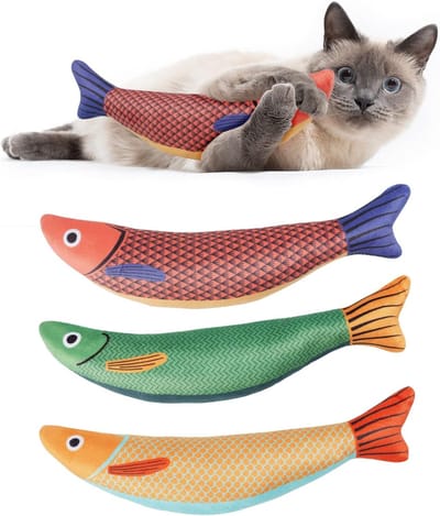 Sandeer Shop kattenkattenspeelgoed, 3-pack kattenkruid visspeelgoed voor katten, interactief kattenspeelgoed, interactief pluche kattenspeelgoed voor katten, cartoon kitten tandjes interactief speelgoed