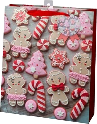 Gerimport Kerst cadeau tasje - 24 cm - peperkoek mannetje en vrouwtje - inpakken - kerstcadeaus
