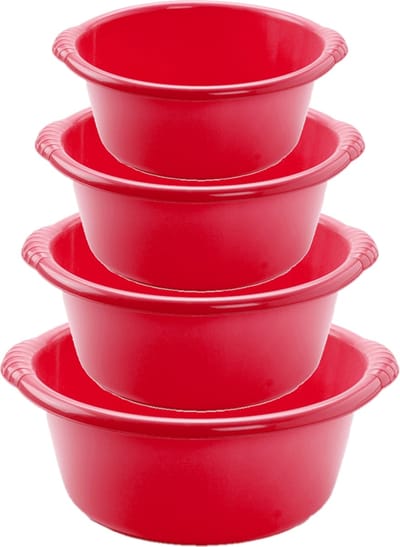 Voordeelset multifunctionele kunststof ronde teiltjes rood in 4-formaten - 10-15-20-25 liter inhoud