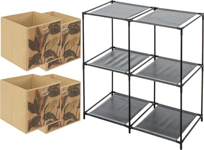 Kastmandjes/opberg manden - beige/print - 4x stuks van 29L - Metalen rekje is 68 x 70 cm