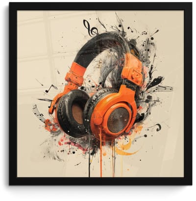 Poster in lijst - Fotolijst 40x40 cm - Posters - Koptelefoon - Oranje - Explosief - Posterlijst zwart - Decoratie - Wanddecoratie woonkamer - Muurdecoratie slaapkamer