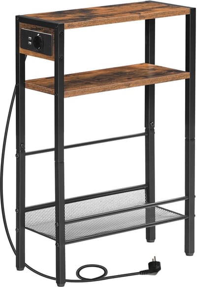 OmGoods - Dailygoody - Side Table - Vintage Style - Met stopcontact en USB-poorten - Rustic Brown - 3-laags - Ideaal voor kleine ruimtes - Voor woon- en sl