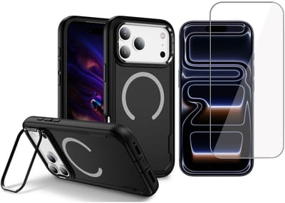Hoesje met Kickstand + Screenprotector geschikt voor iPhone 17 Pro – Geschikt voor MagSafe - Extra Sterk - Military Grade – Draadloos Opladen – Zwart