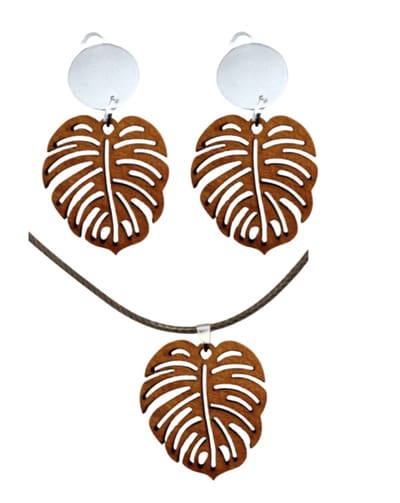 Set- Clip oorbellen- Ketting- Hout- Bruin- Boomblad-Zilverkleur- Charme Bijoux