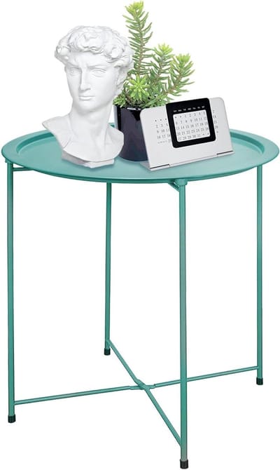 Opvouwbare lade metalen bijzettafel ronde bijzettafel, lichtblauwe cyaan bank kleine accent, opvouwbare tafel, ronde bijzettafel, naast banktafel, snacktafel voor woonkamer en bed tuin 6 u