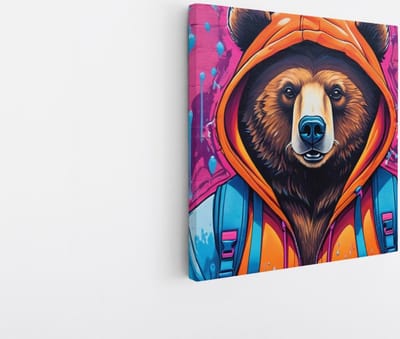 Saammp Canvas Schilderij - Beer met cappuchon op - Abstract - 20x20 - Foto op canvas - Wanddecoratie - Muurdecoratie Kinderkamer - Slaapkamer decoratie - Canvas Print