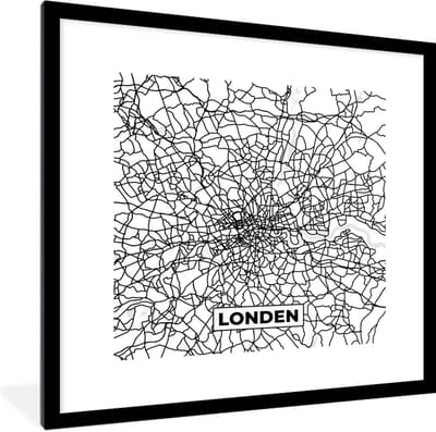 Fotolijst incl. Poster Zwart Wit- Londen - Stadskaart - Plattegrond - Zwart Wit - Kaart - 40x40 cm - Posterlijst