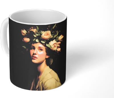 Mok - Koffiemok - Bloemenstilte - Vrouw - Portret - Mokken - 350 ML - Beker - Koffiemokken - Theemok