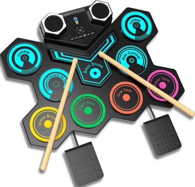 MELVRA Elektrisch Drumstel - Oprolbaar Digitaal Drumstel - Bluetooth & MIDI - Dual Speakers - 9 Pads - Elektronische Drumset met 2 Voetpedalen & Stokken - Hoofdtelefoon Aansluiting - Beginners & Kinderen - Zwart