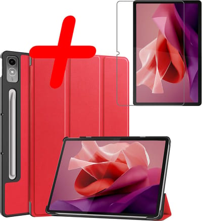 Hoesje Geschikt voor Lenovo Tab P12 - Met Screenprotector - Trifold Bookcase - Hard Cover Case - Met Uitsparing Geschikt voor Lenovo Pen - Hardcover Book - Tablet Hoes - Rood