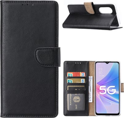 Hoesje Geschikt voor Oppo A97 5G Hoesje met Pasjeshouder Zwart - Hoesje Geschikt voor Oppo A97 hoesje Luxe Booktype Portemonnee case