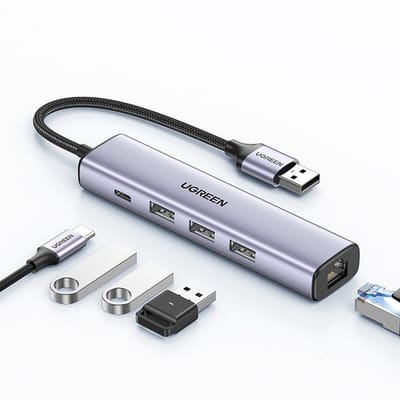 Ugreen - Multifunctionele HUB Adapter - USB 3.0 - 3x USB - Ethernet RJ-45 - USB-C PD - Grijs