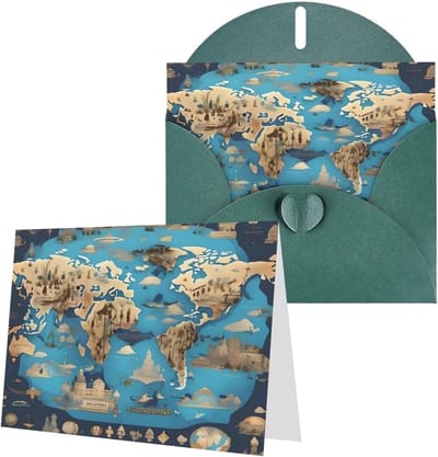 Wenskaarten Wereldkaart - Lege kaarten Enveloppen - Alle Gelegenheden - Parelmoer Papier - 10x15 cm - Donkergroen