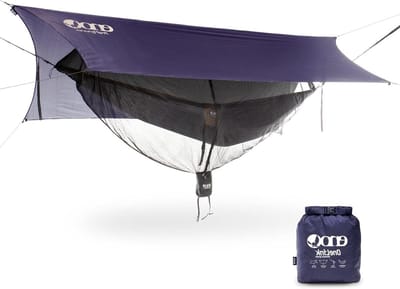 ENO OneLink Hammock System - Includes DoubleNest Hammock, Atlas Suspension System, Guardian Bug Net, and ProFly Rain Tarp - Set of Hammock Essentials for Camping, Hiking, or a Festival - Navy/Olive