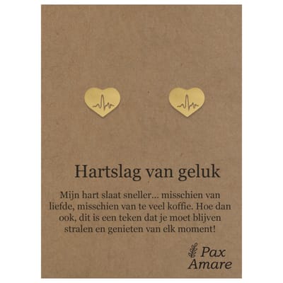 Stainless Steel Hartje met Levenslijn Oorbellen op Cadeau Kaartje - Hartslag van geluk - ± 10x10mm Oorknopjes Goudkleurig Roestvrij Staal - Pax Amare