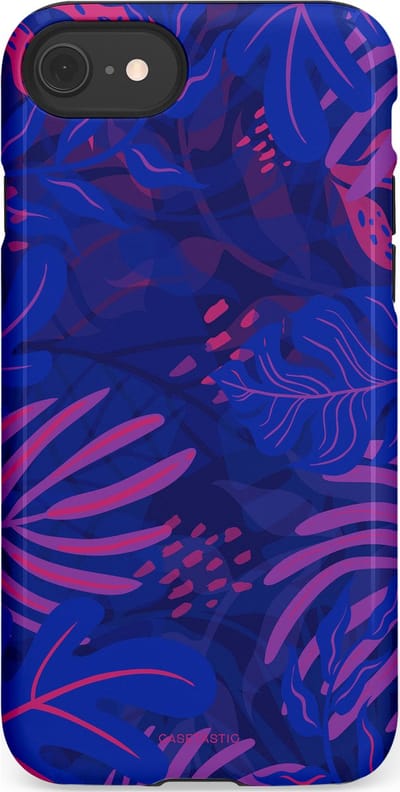 Casetastic hoesje geschikt voor Apple iPhone SE / Apple iPhone 7 / Apple iPhone 8 - Dubbellaagse bescherming - Neon jungle blad - Fashion Case - Donkerblauw Lavendel Roze