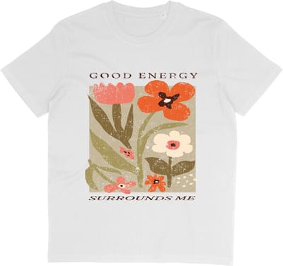 T Shirt met Bloemen Print en Positieve Tekst: Good Energy - Wit - Maat S