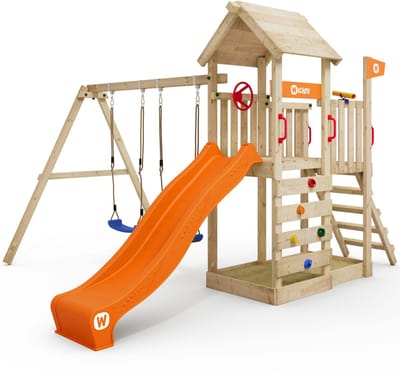 Wickey MultiFlyer Speeltoestel met Houten Dak - Dubbele schommel met Glijbaan - Klimwand & Zandbak - 293x406x260 cm - Oranje