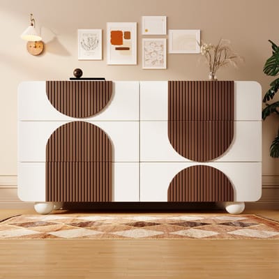 Sweiko Ladekast - 6 lades - Gebogen ontwerp - Soft-close geleiders - 121x71x41 cm - Chocoladebruin + Wit