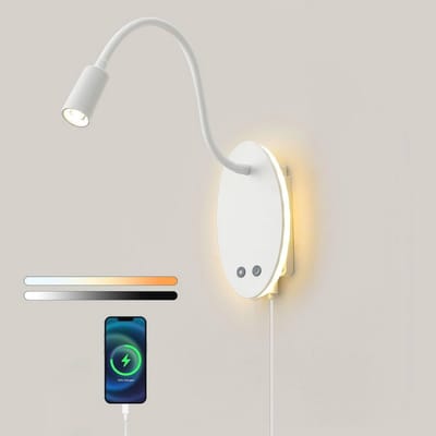 Wandlamp Leest Licht met Batterij, Dimmbare Bedlamp met Schakelaar en USB Opladen, 3 Kleurtemperaturen, 360° Draaibaar, Gooseneck Slaapkamer