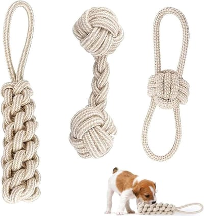 3 stuks hondenspeelgoed touw, trekspeelgoed voor honden van natuurlijk katoen, interactief kauwspeelgoed met knooppunt, hondentouw, speelgoed voor middelgrote honden, kleine honden, tandreiniging