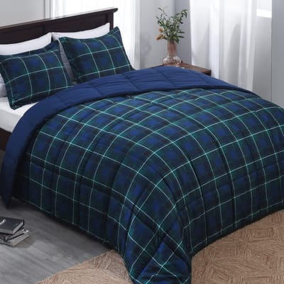 Famanu - Queensize dekbedset - marineblauw en groen Buffalo geruite dekbedset, queensize dons, alternatieve beddekbedset voor het hele seizoen (1 dekbed met 2 kussenslopen, 223 x 233 cm)