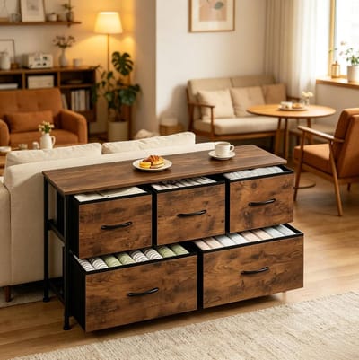 HAUSS SPOLE Dressoir - Opbergkast Met 5 Lades En Ruim Blad - Voor Hal Woonkamer En Slaapkamer - Metaal MDF En Stof - 100x54x30 Cm - Vintage Bruin
