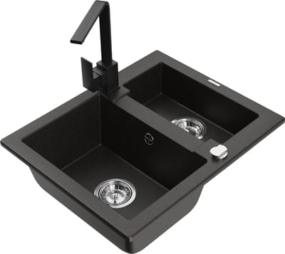 Mexen Carlos granieten spoelbak 1,5-komor met keukenmengkraan Rita, zwart/goud metallic - 6518-75-670300-70