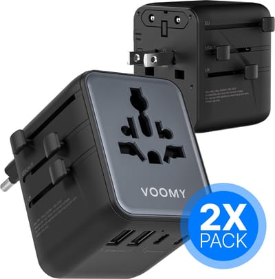 Voomy Reisstekker 200+ landen - 2x Pack - 28W - Wereldstekker Universeel - 5 USB Poorten - Geschikt voor: Engeland (UK), Amerika (USA), Afrika, Japan, Italie, Thailand, Type G & A