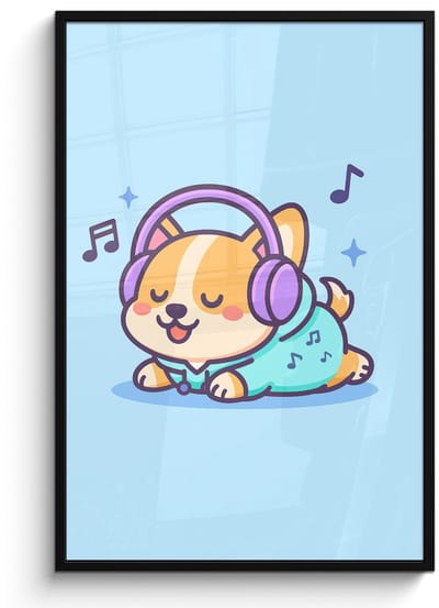 Poster in lijst - Fotolijst 80x120 cm - Posters - Corgi - Koptelefoon - Blauw - Muzieknoten - Posterlijst zwart - Decoratie - Wanddecoratie woonkamer - Muurdecoratie slaapkamer