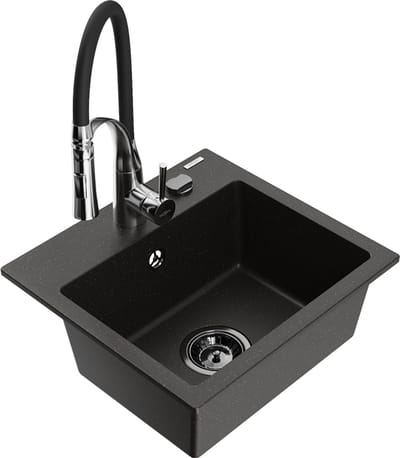 Mexen Milo granieten enkele spoelbak met keukenmengkraan Aster, zwart/goud metallic - 6505-75-73450-07-B