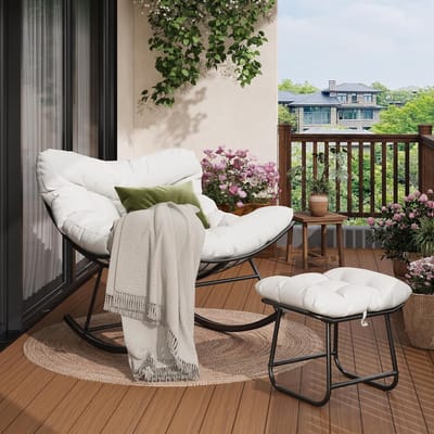 Grote Schommelstoel Voor Tuin Met Voetensteun - Metalen Frame - Lounge Fauteuil Voor Buiten - Comfortabel en Weerbestendig - 175kg Draagvermogen - Wit