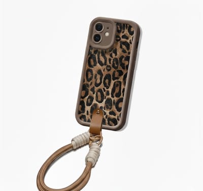 Bruin luipaard print telefoon hoesje met koord geschikt voor iPhone 12 – backcover dames met panter dessin, afneembaar draagkoord en minimalistisch ontwerp