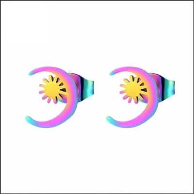 Aramat Jewels | Oorbellen | RVS Maan Oorbellen - Trendy Moon Studs | Met Zon-Regenboog kleur-10mm | |8mm | Staal | Kinderen, Volwassenen | Verkleurd niet
