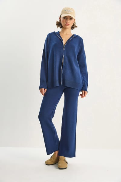 Hoge Taille Rits Kraag Cardigan en Broek Set