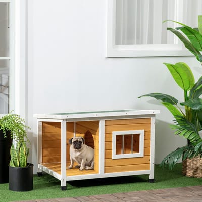 MEUNIQ hondenhok met veranda 85,5 x 62 x 60 cm, opklapbaar bitumen dak, raam en verstelbare voeten, houten dierenhuis voor buiten, oranje
