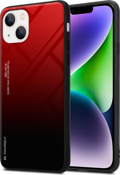 Cadorabo Hoesje geschikt voor Apple iPhone 14 in ROOD - ZWART - Tweekleurige beschermhoes van TPU-silicone Case Cover en achterzijde van gehard glas
