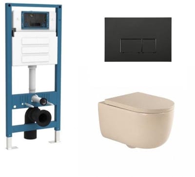 QeramiQ Dely Swirl Toiletset - inbouwreservoir Qeramiq Flush - 35mm zitting - kunststof mat zwarte bedieningsplaat - rechthoekige knoppen - beige