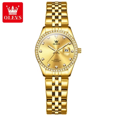 HO-3629L.g : Olevs goudkl edelstaal dames quartz horloge, diamantzirkonia's, loep, kalenderdag